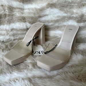 Zara Women's Beige Platform Mules with Clear Strap Size 6.5